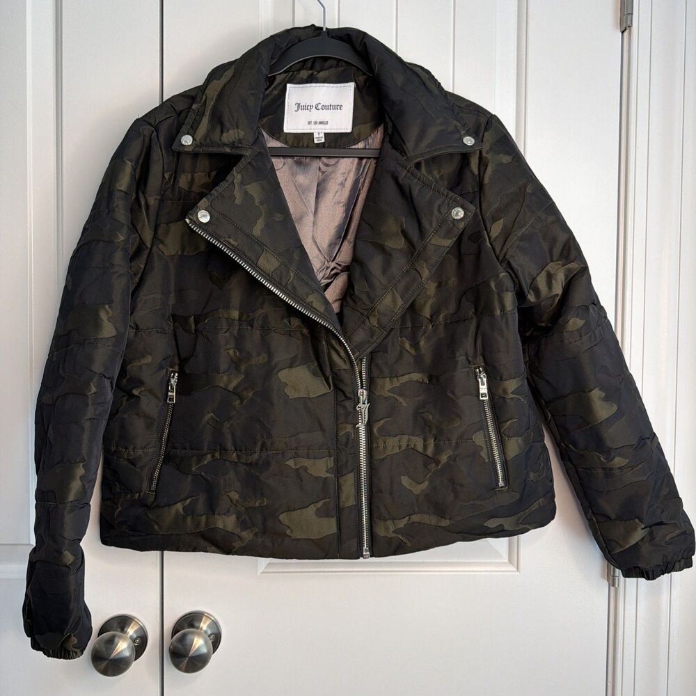 Juicy Couture Women’s Small Camo Puffer Moto Jacket Green Zip Front Quilted Y2K